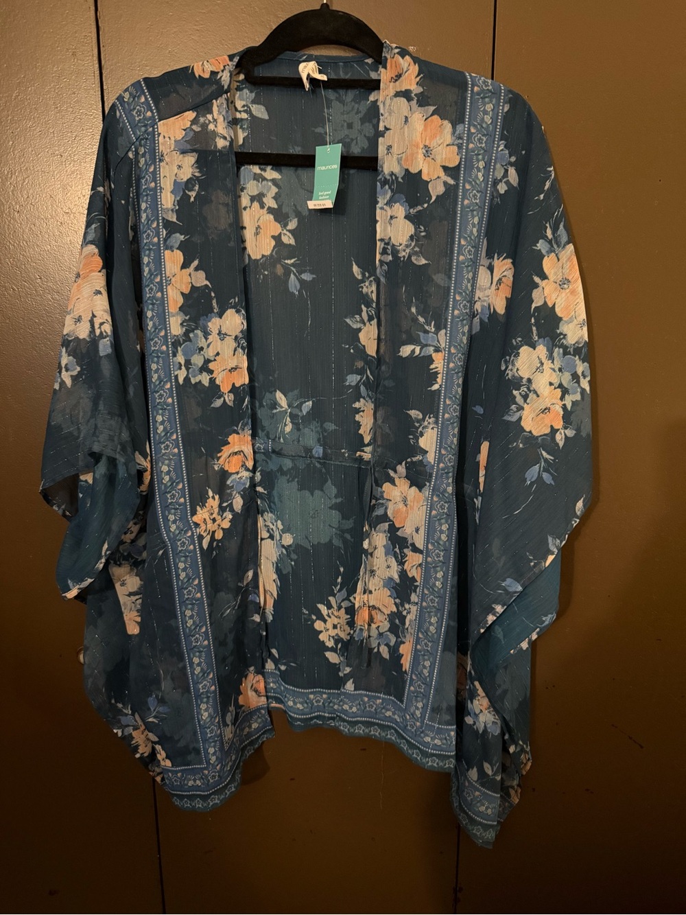 Maurices Teal Floral Kimono Robe with Peach Accents